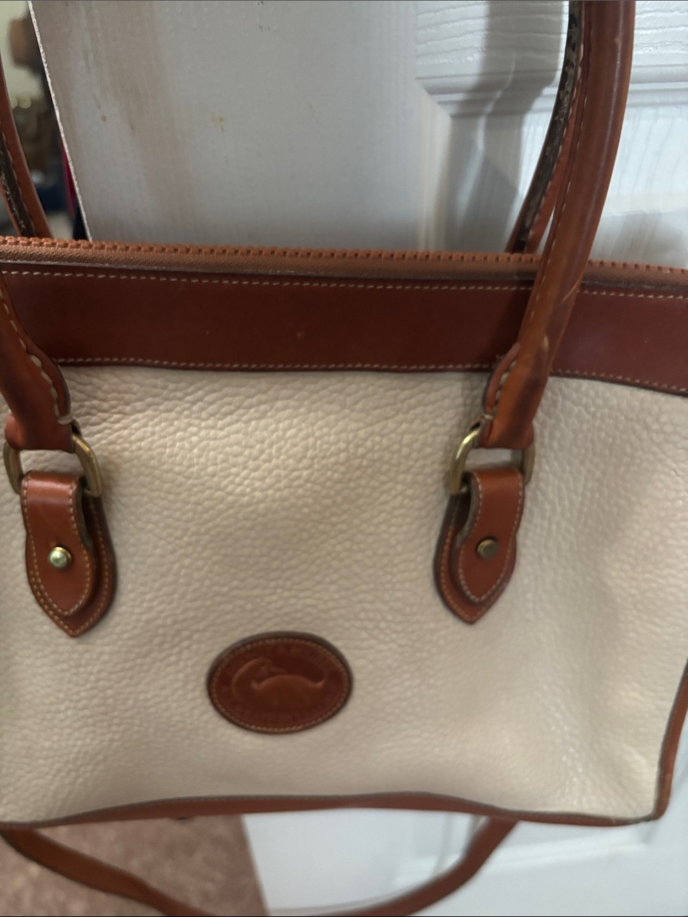 Dooney & Bourke Cream Tote with Brown Leather Trim